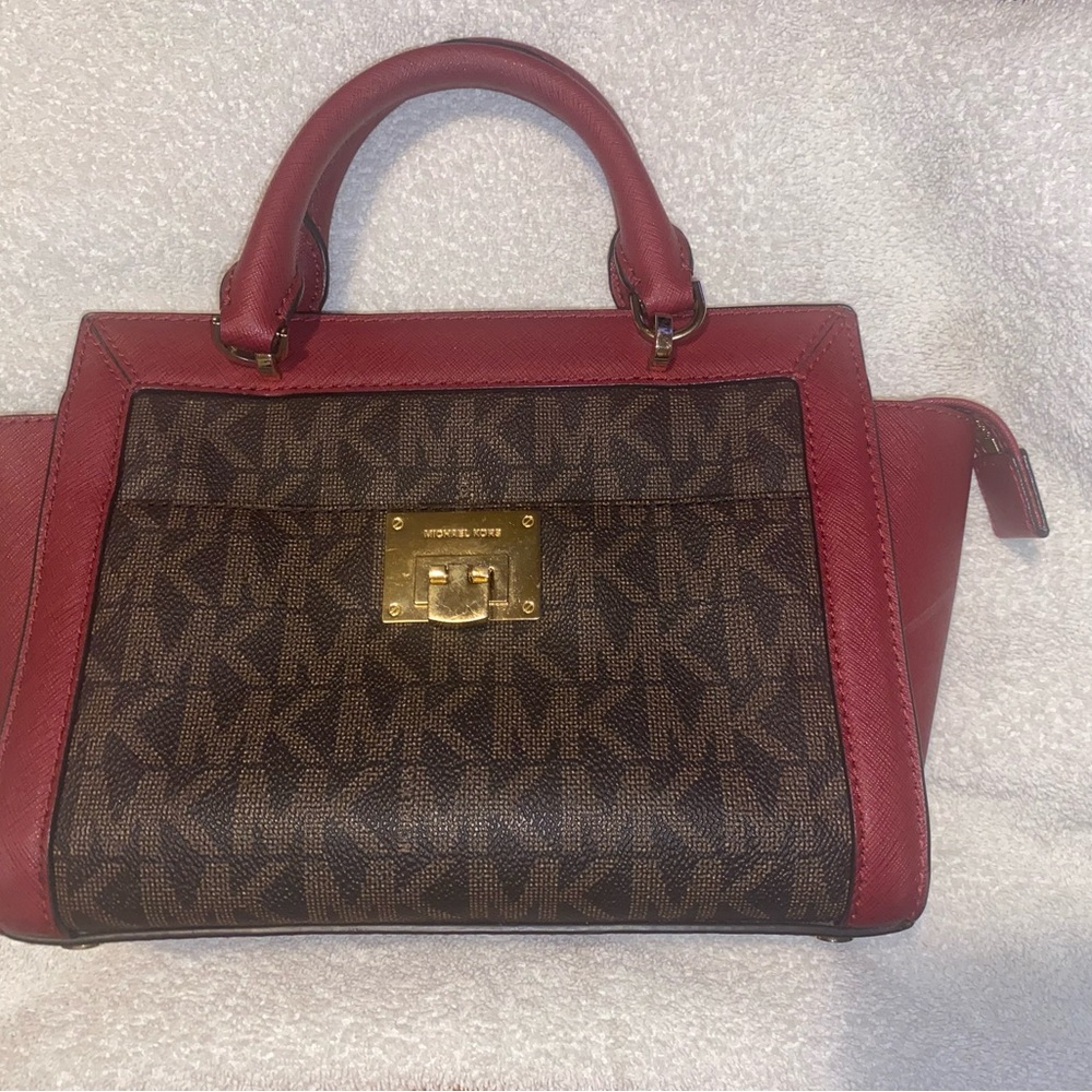 Michael Kors Red and Brown Structured Satchel